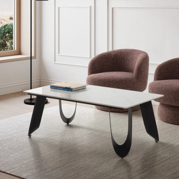 MESA CENTRO RECT. AILA 120CM CERÁM.BL PIE NEGRO